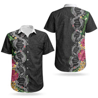 Hawaii DNA Kakau Tattoo Couples Matching Mermaid Dress and Hawaiian Shirt with Plumeria and Hibiscus Tropical Plants Black Color