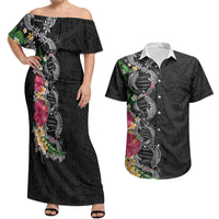 Hawaii DNA Kakau Tattoo Couples Matching Off Shoulder Maxi Dress and Hawaiian Shirt with Plumeria and Hibiscus Tropical Plants Black Color