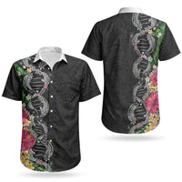 Hawaii DNA Kakau Tattoo Couples Matching Off Shoulder Maxi Dress and Hawaiian Shirt with Plumeria and Hibiscus Tropical Plants Black Color