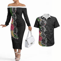 Hawaii DNA Kakau Tattoo Couples Matching Off The Shoulder Long Sleeve Dress and Hawaiian Shirt with Plumeria and Hibiscus Tropical Plants Black Color