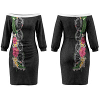 Hawaii DNA Kakau Tattoo Couples Matching Off The Shoulder Long Sleeve Dress and Hawaiian Shirt with Plumeria and Hibiscus Tropical Plants Black Color