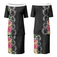 Hawaii DNA Kakau Tattoo Couples Matching Puletasi and Long Sleeve Button Shirt with Plumeria and Hibiscus Tropical Plants Black Color