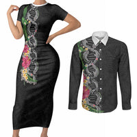 Hawaii DNA Kakau Tattoo Couples Matching Short Sleeve Bodycon Dress and Long Sleeve Button Shirt with Plumeria and Hibiscus Tropical Plants Black Color LT03 Black - Polynesian Pride