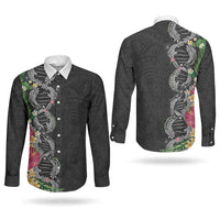 Hawaii DNA Kakau Tattoo Couples Matching Short Sleeve Bodycon Dress and Long Sleeve Button Shirt with Plumeria and Hibiscus Tropical Plants Black Color LT03 - Polynesian Pride