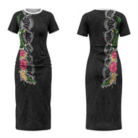 Hawaii DNA Kakau Tattoo Couples Matching Short Sleeve Bodycon Dress and Long Sleeve Button Shirt with Plumeria and Hibiscus Tropical Plants Black Color LT03 - Polynesian Pride