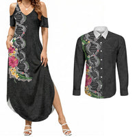 Hawaii DNA Kakau Tattoo Couples Matching Summer Maxi Dress and Long Sleeve Button Shirt with Plumeria and Hibiscus Tropical Plants Black Color
