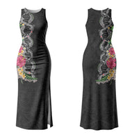 Hawaii DNA Kakau Tattoo Couples Matching Tank Maxi Dress and Long Sleeve Button Shirt with Plumeria and Hibiscus Tropical Plants Black Color