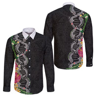 Hawaii DNA Kakau Tattoo Family Matching Long Sleeve Bodycon Dress and Hawaiian Shirt with Plumeria and Hibiscus Tropical Plants Black Color LT03 Dad's Shirt - Long Sleeve Black - Polynesian Pride