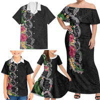 Hawaii DNA Kakau Tattoo Family Matching Off Shoulder Maxi Dress and Hawaiian Shirt with Plumeria and Hibiscus Tropical Plants Black Color