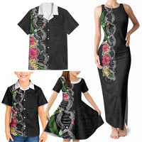 Hawaii DNA Kakau Tattoo Family Matching Tank Maxi Dress and Hawaiian Shirt with Plumeria and Hibiscus Tropical Plants Black Color LT03 - Polynesian Pride