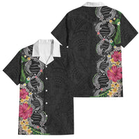 Hawaii DNA Kakau Tattoo Family Matching Tank Maxi Dress and Hawaiian Shirt with Plumeria and Hibiscus Tropical Plants Black Color LT03 Dad's Shirt - Short Sleeve Black - Polynesian Pride