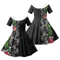Hawaii DNA Kakau Tattoo Family Matching Tank Maxi Dress and Hawaiian Shirt with Plumeria and Hibiscus Tropical Plants Black Color LT03 Daughter's Dress Black - Polynesian Pride