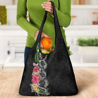 Hawaii DNA Kakau Tattoo Grocery Bag with Plumeria and Hibiscus Tropical Plants Black Color