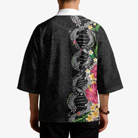 Hawaii DNA Kakau Tattoo Kimono with Plumeria and Hibiscus Tropical Plants Black Color