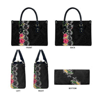 Hawaii DNA Kakau Tattoo Leather Bag with Plumeria and Hibiscus Tropical Plants Black Color