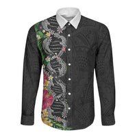 Hawaii DNA Kakau Tattoo Long Sleeve Button Shirt with Plumeria and Hibiscus Tropical Plants Black Color LT03 Unisex Black - Polynesian Pride