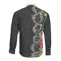 Hawaii DNA Kakau Tattoo Long Sleeve Button Shirt with Plumeria and Hibiscus Tropical Plants Black Color LT03 - Polynesian Pride
