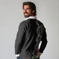 Hawaii DNA Kakau Tattoo Long Sleeve Polo Shirt with Plumeria and Hibiscus Tropical Plants Black Color