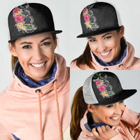 Hawaii DNA Kakau Tattoo Mesh Trucker Cap with Plumeria and Hibiscus Tropical Plants Black Color