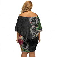 Hawaii DNA Kakau Tattoo Off Shoulder Short Dress with Plumeria and Hibiscus Tropical Plants Black Color