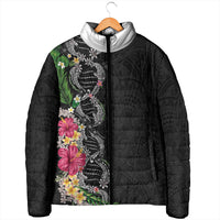Hawaii DNA Kakau Tattoo Padded Jacket with Plumeria and Hibiscus Tropical Plants Black Color