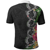 Hawaii DNA Kakau Tattoo Polo Shirt with Plumeria and Hibiscus Tropical Plants Black Color