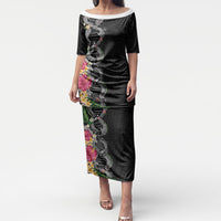 Hawaii DNA Kakau Tattoo Puletasi with Plumeria and Hibiscus Tropical Plants Black Color LT03 Long Dress Black - Polynesian Pride