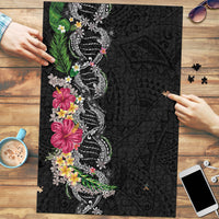 Hawaii DNA Kakau Tattoo Puzzle with Plumeria and Hibiscus Tropical Plants Black Color