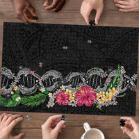 Hawaii DNA Kakau Tattoo Puzzle with Plumeria and Hibiscus Tropical Plants Black Color