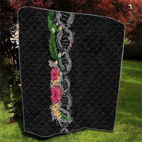 Hawaii DNA Kakau Tattoo Quilt with Plumeria and Hibiscus Tropical Plants Black Color