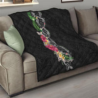 Hawaii DNA Kakau Tattoo Quilt with Plumeria and Hibiscus Tropical Plants Black Color