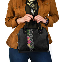 Hawaii DNA Kakau Tattoo Shoulder Handbag with Plumeria and Hibiscus Tropical Plants Black Color