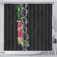 Hawaii DNA Kakau Tattoo Shower Curtain with Plumeria and Hibiscus Tropical Plants Black Color