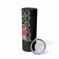 Hawaii DNA Kakau Tattoo Skinny Tumbler with Plumeria and Hibiscus Tropical Plants Black Color