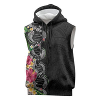 Hawaii DNA Kakau Tattoo Sleeveless Zip Hoodie with Plumeria and Hibiscus Tropical Plants Black Color