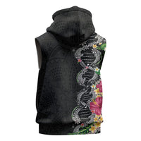 Hawaii DNA Kakau Tattoo Sleeveless Zip Hoodie with Plumeria and Hibiscus Tropical Plants Black Color
