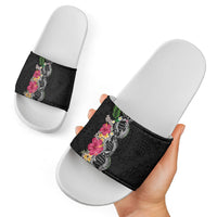 Hawaii DNA Kakau Tattoo Slide Sandals with Plumeria and Hibiscus Tropical Plants Black Color