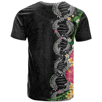 Hawaii DNA Kakau Tattoo T Shirt with Plumeria and Hibiscus Tropical Plants Black Color