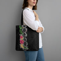 Hawaii DNA Kakau Tattoo Tote Bag with Plumeria and Hibiscus Tropical Plants Black Color