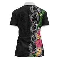 Hawaii DNA Kakau Tattoo Women Polo Shirt with Plumeria and Hibiscus Tropical Plants Black Color