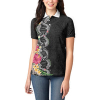 Hawaii DNA Kakau Tattoo Women Polo Shirt with Plumeria and Hibiscus Tropical Plants Black Color