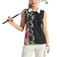 Hawaii DNA Kakau Tattoo Women Sleeveless Polo Shirt with Plumeria and Hibiscus Tropical Plants Black Color