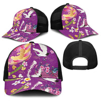 Hawaiian and Japanese Culture Together Baseball Net Cap Kakau Tribal Pattern and Irezumi Art Purple Color