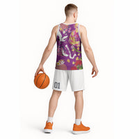 Hawaiian and Japanese Culture Together Basketball Jersey Kakau Tribal Pattern and Irezumi Art Purple Color