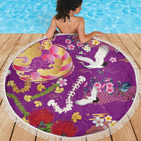 Hawaiian and Japanese Culture Together Beach Blanket Kakau Tribal Pattern and Irezumi Art Purple Color