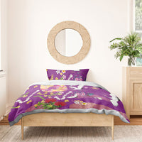 Hawaiian and Japanese Culture Together Bedding Set Kakau Tribal Pattern and Irezumi Art Purple Color