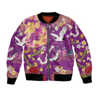 Hawaiian and Japanese Culture Together Bomber Jacket Kakau Tribal Pattern and Irezumi Art Purple Color