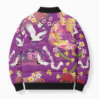 Hawaiian and Japanese Culture Together Bomber Puffer Jacket Kakau Tribal Pattern and Irezumi Art Purple Color