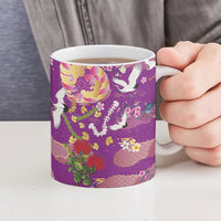 Hawaiian and Japanese Culture Together Ceramic Mug Kakau Tribal Pattern and Irezumi Art Purple Color