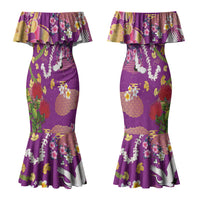 Hawaiian and Japanese Culture Together Couples Matching Mermaid Dress and Hawaiian Shirt Kakau Tribal Pattern and Irezumi Art Purple Color